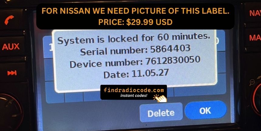Nissan LCN infotainment showing the serial number on screen